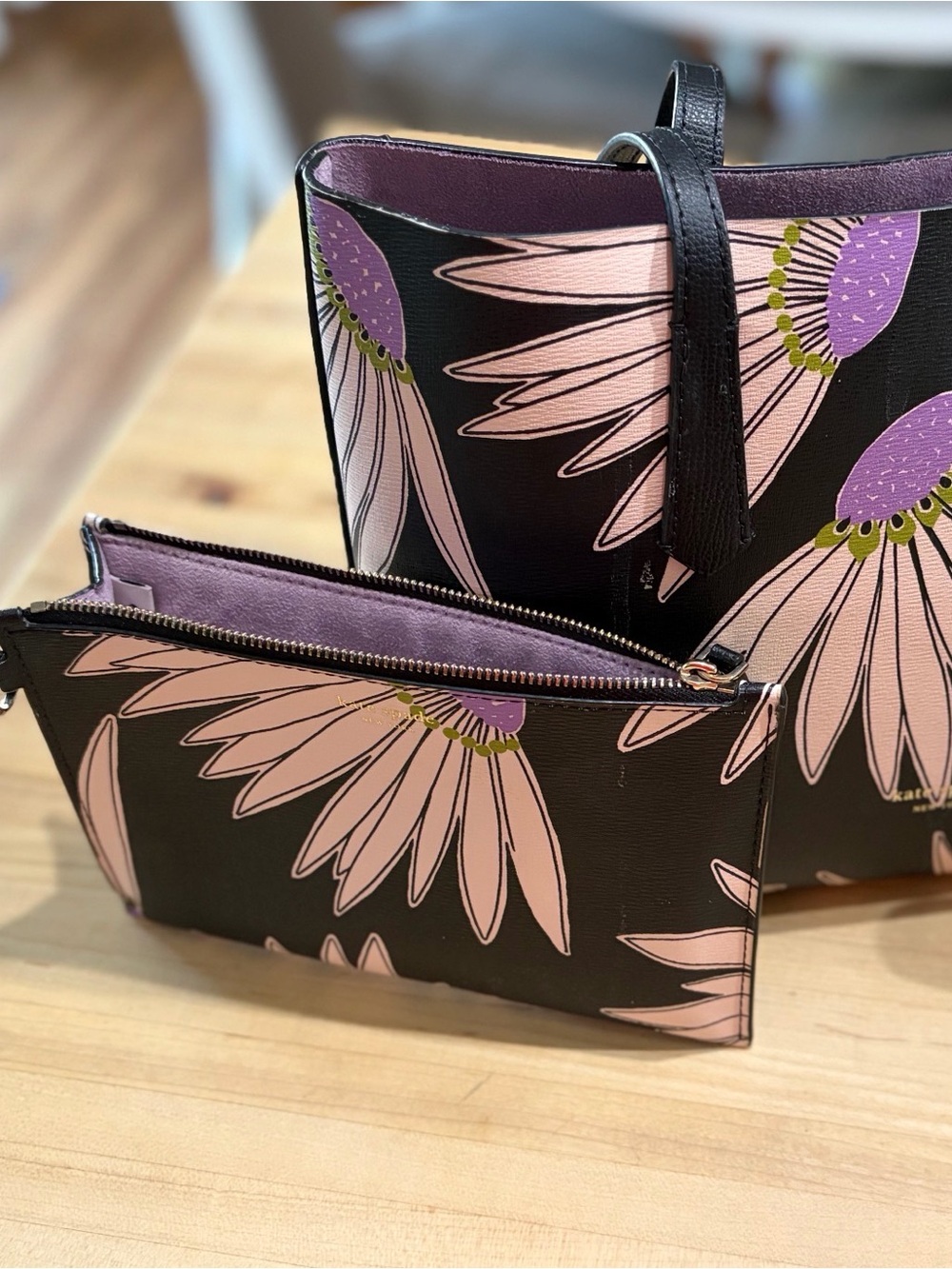 kate spade Black Tote with pink dust bag Pink Floral & Purple Centers